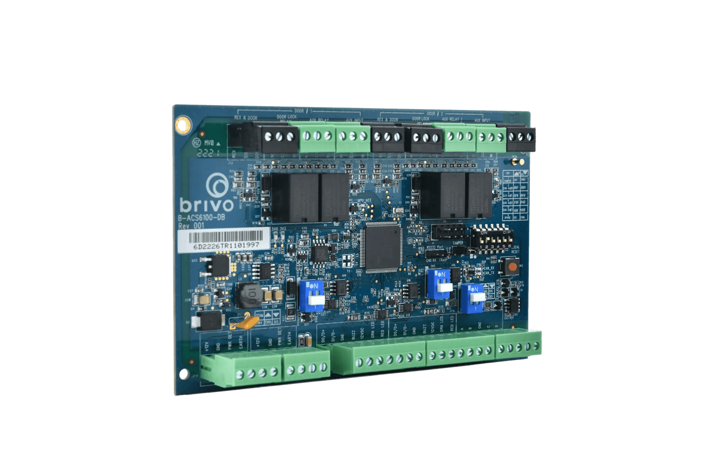 Brivo ACS6100 series door board, two-reader expansion PCB with OSDP support (board only) for adding readers, inputs, and outputs to ACS6100 access control systems.