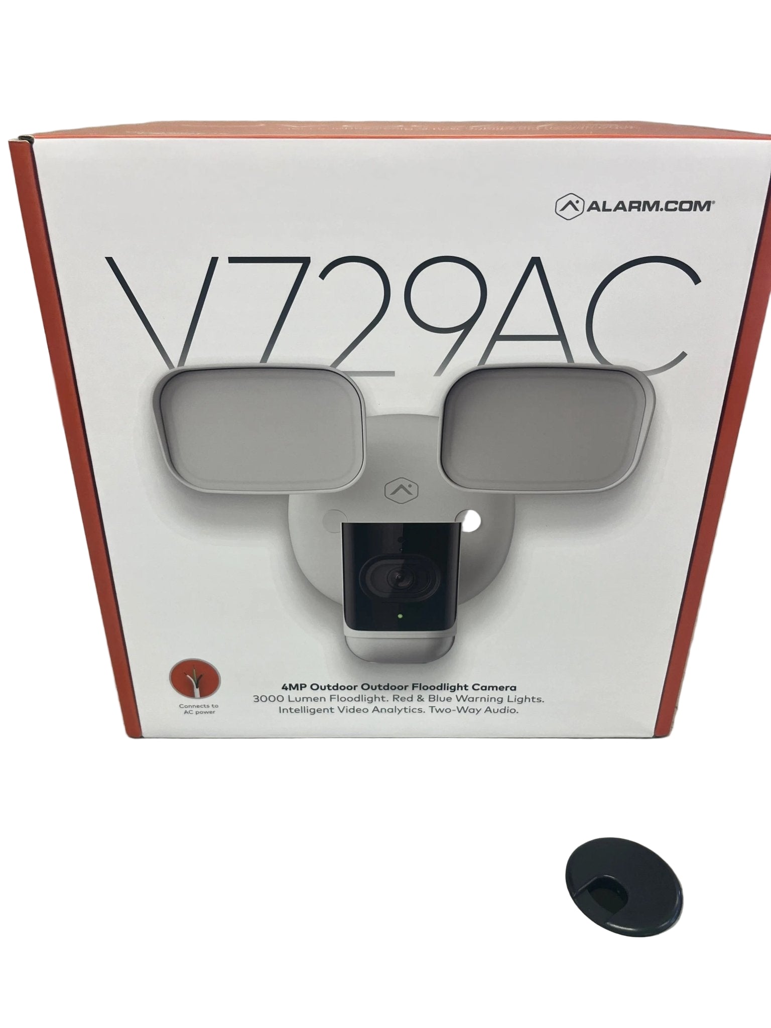 Alarm.com ADC-V729AC 4MP outdoor floodlight camera with 3000-lumen LED, red/blue warning strobe, and built-in two-way audio for deterrence and monitoring.