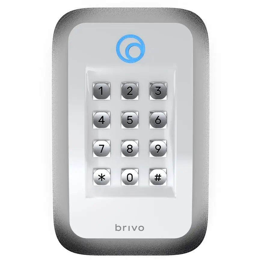 Brivo white OSDP dual-credential tri-technology reader, model B-BSPKF-W, supporting mobile and card credentials for secure access control.